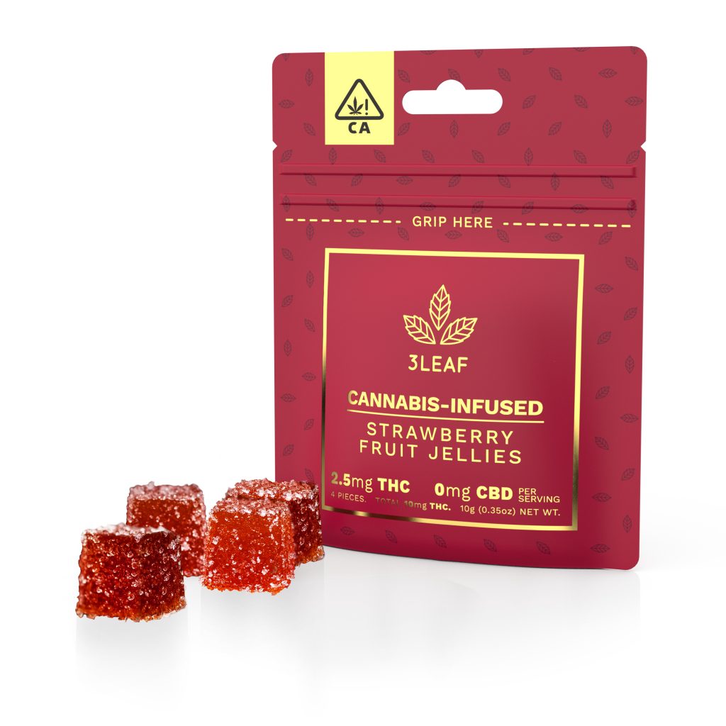 3Leaf's micro-dosed Strawberry Fruit Jellies. Four jellies per package for a total of 10mg of THC. These micro-dosed edibles allow you to control your dose.