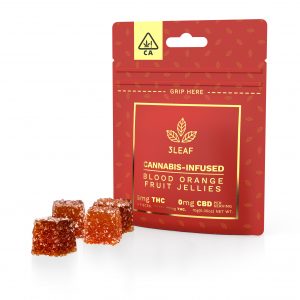 3Leaf's Blood Orange Fruit Jellies. With four jellies per package, each with a low-dose of 5mg THC per piece, 20mg THC total per package. These natural jellies offer an effective way to control your dose.