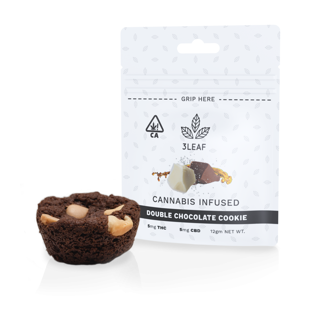 3Leaf ratio-infused Double Chocolate Cookie. One cookie is placed in front of a 3Leaf package.