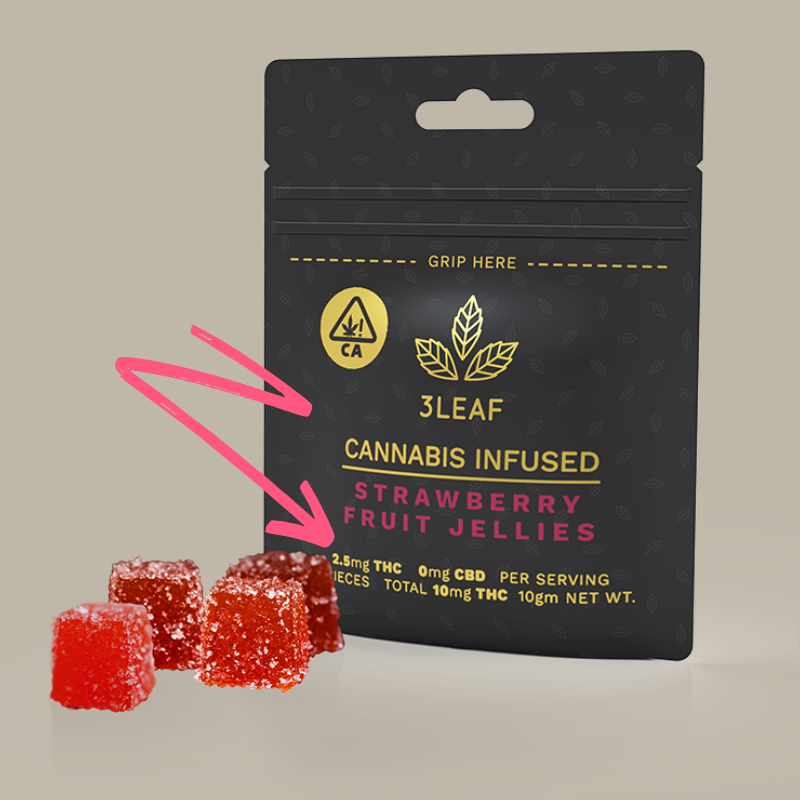 3Leaf's Strawberry Fruit Jellies have 2.5mg of THC per jelly and four jellies per package. 