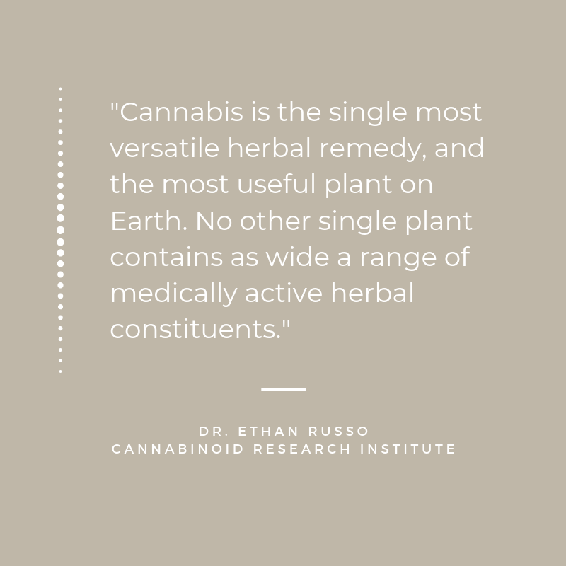 Quote from Dr. Ethan Russo of the Cannabinoid Research Institute. The quote reads, "Cannabis is the single most versatile herbal remedy, and the most useful plant on Earth. No other single plant contains as wide a range of medically active herbal constituents."